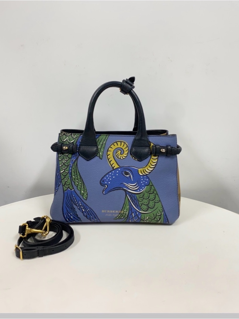 Burberry Blue Leather Satchel with Green & Yellow Graphic
